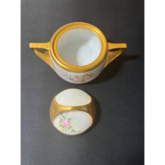 Antique Hand-Painted Porcelain Sugar Bowl With Lid - Floral Design & Gold Accent - Picture 4 of 9